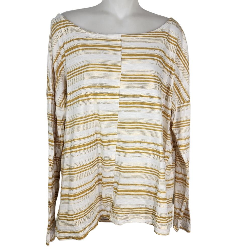 Eddie Bauer Top Womens XL White Yellow Gold Stripe Boat Neck Long Sleeve Outdoor